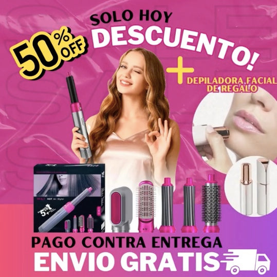¡Dos Productos al Precio de Uno! PowerStyle Pro™ Cepillo Secador 5 en 1 + Depiladora Facial DE REGALO 🎁